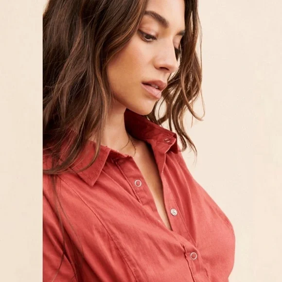 Free People Thea Button down Mini Shirt Dress Tunic Rust Color - Picture 2 of 10